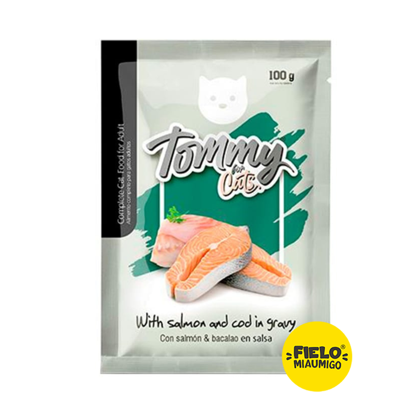 POUCH TOMMY GATO ADULTO TROZOS DE SALMON Y BACALAO EN SALSA X 100 gr